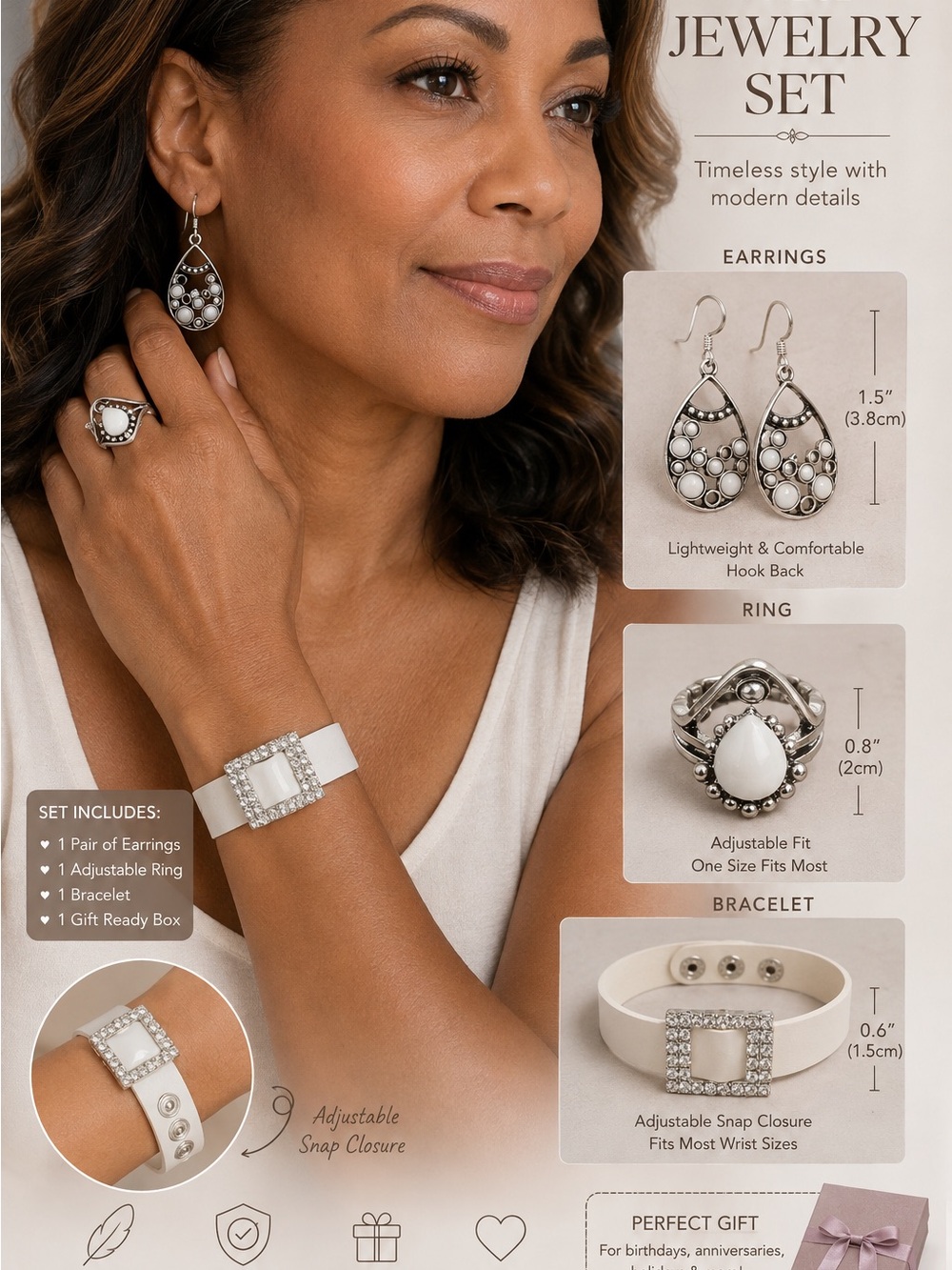 4 pcs Timeless White and Silver Jewelry Set - Earrings, Ring & Bracelet